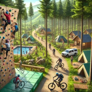 Adventure campground with rock climbing, mountain biking, and camping tents among lush greenery and tall trees.