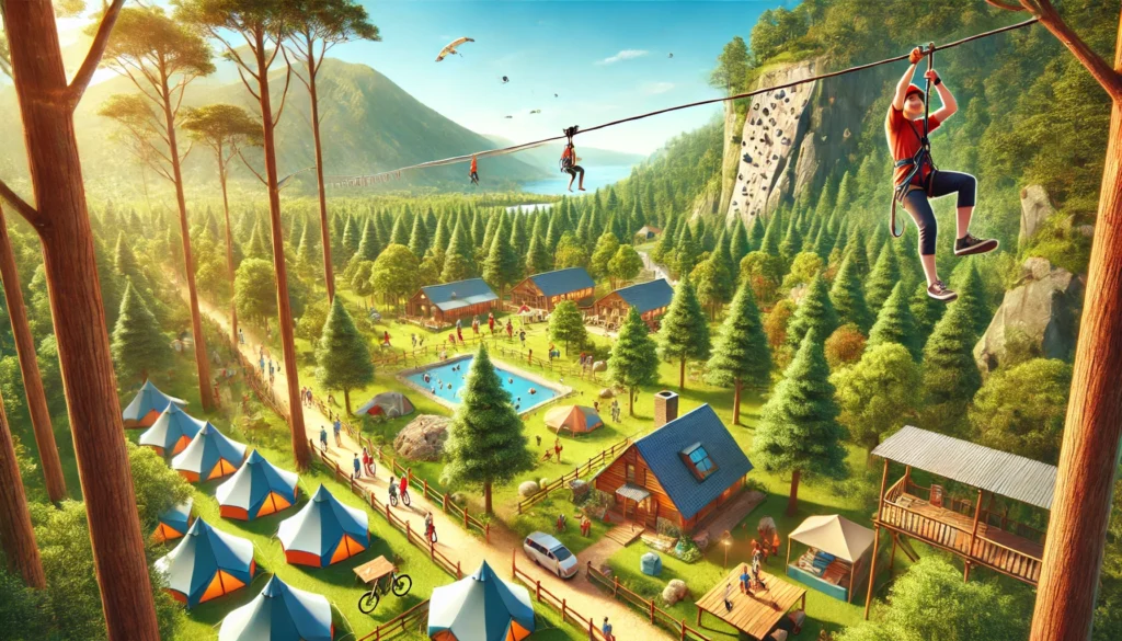Adventure campground with ziplining, rock climbing, and mountain biking trails set in a lush forest with tents and cabins.