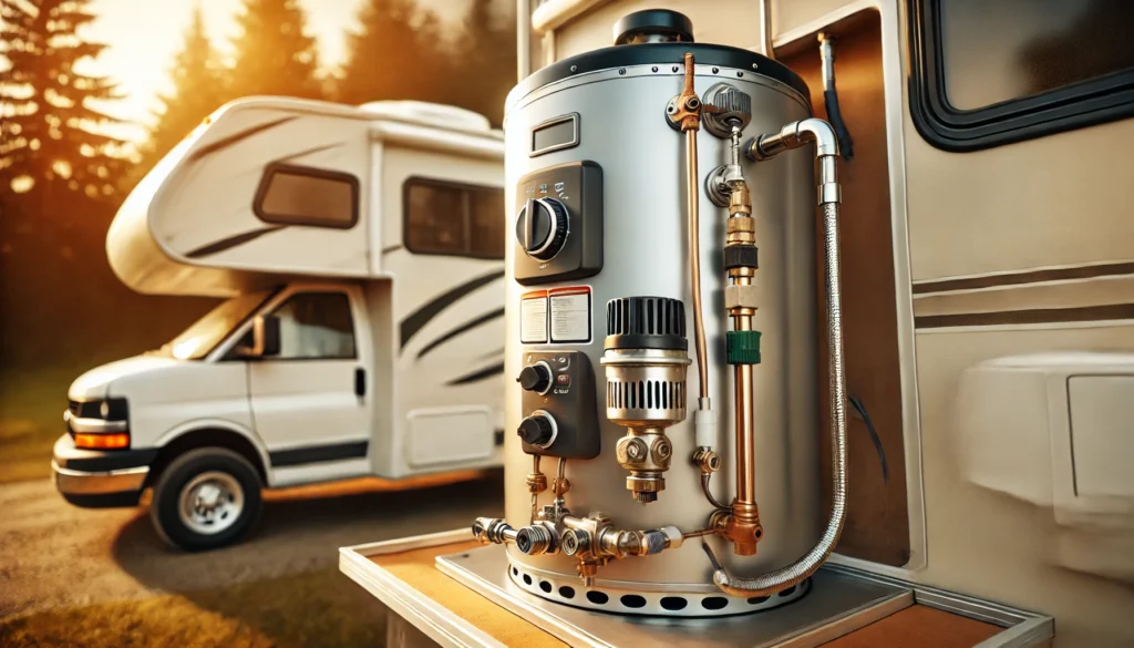 A detailed close-up of an RV water heater system, showing the tank, burner, and connections in a well-organized maintenance setup.