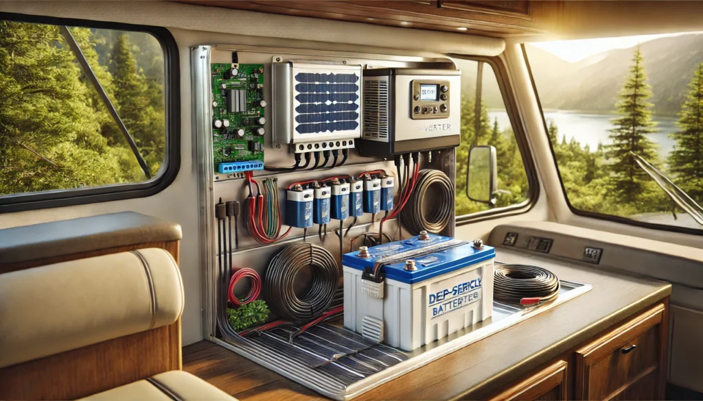 Close-up of an RV's electrical system featuring solar charge controller, inverter, deep-cycle batteries, and power cables in an off-grid setup.