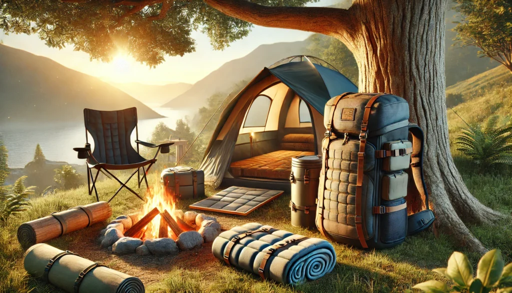 A modern campsite with a modular backpack, collapsible chair, and thick sleeping pad, set against a scenic mountain backdrop at sunrise.