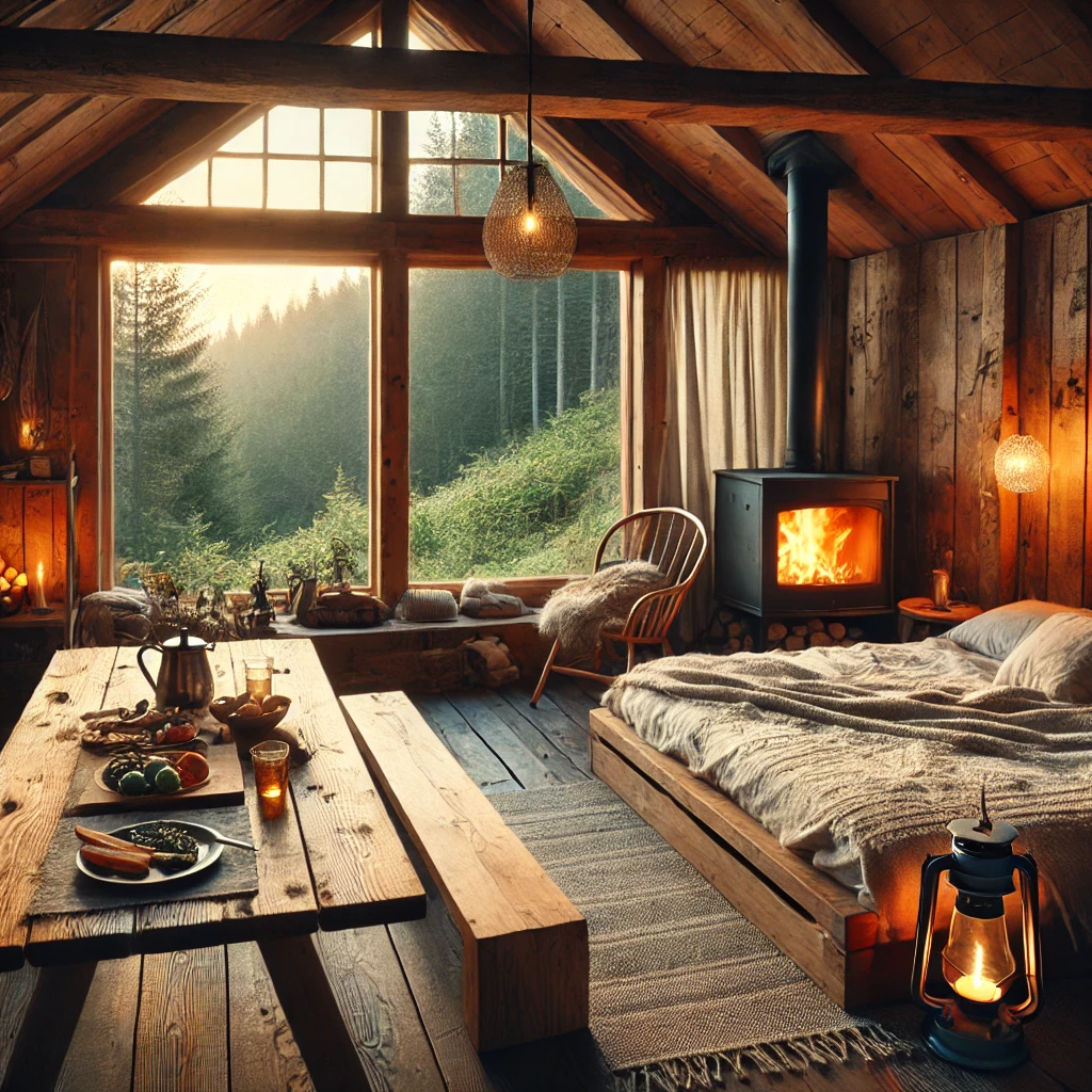 Rustic yet luxurious off-grid cabin interior with a glowing fireplace, organic linen bed, and a scenic forest view through a panoramic window.