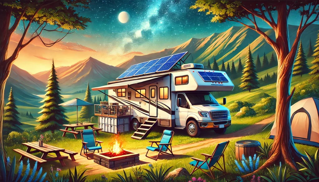 A modern, eco-friendly RV parked in a remote location with solar panels, a rooftop deck, and a cozy outdoor setup under a starry sky.