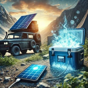 A portable solar panel charging a device beside a high-tech cooler emitting a cold mist, set in a rugged off-grid campsite with mountains in the background.