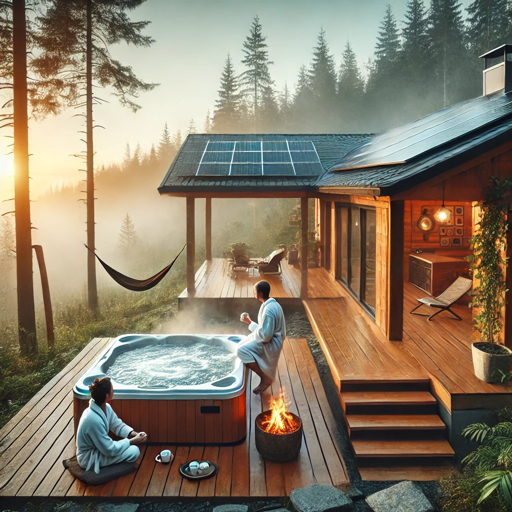 A tranquil outdoor retreat featuring a steaming wood-fired hot tub on a wooden deck, surrounded by misty forest scenery at sunrise.