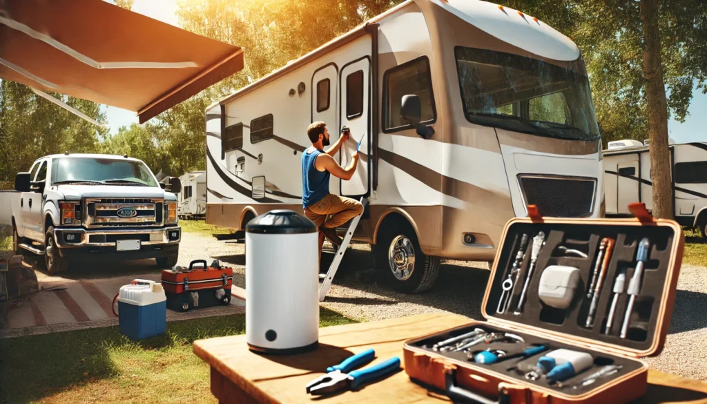A person performing maintenance on an RV water heater at a campsite, with tools and equipment visible in an outdoor setting.