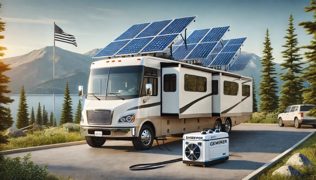 Modern RV in an off-grid setting with solar panels, shore power, and a generator under a clear blue sky.