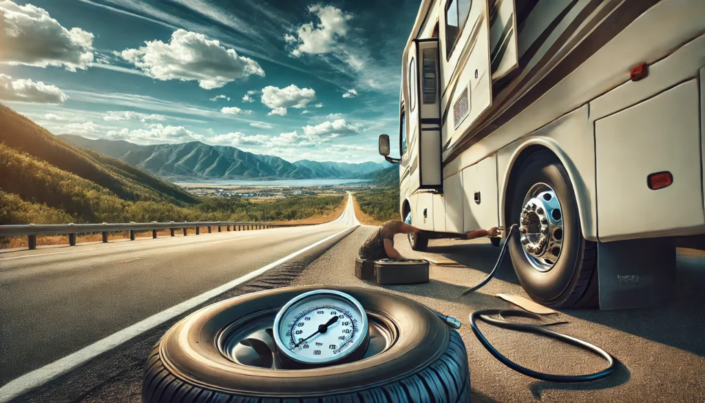 A person checking tire pressure on an RV parked near a scenic roadside service area.