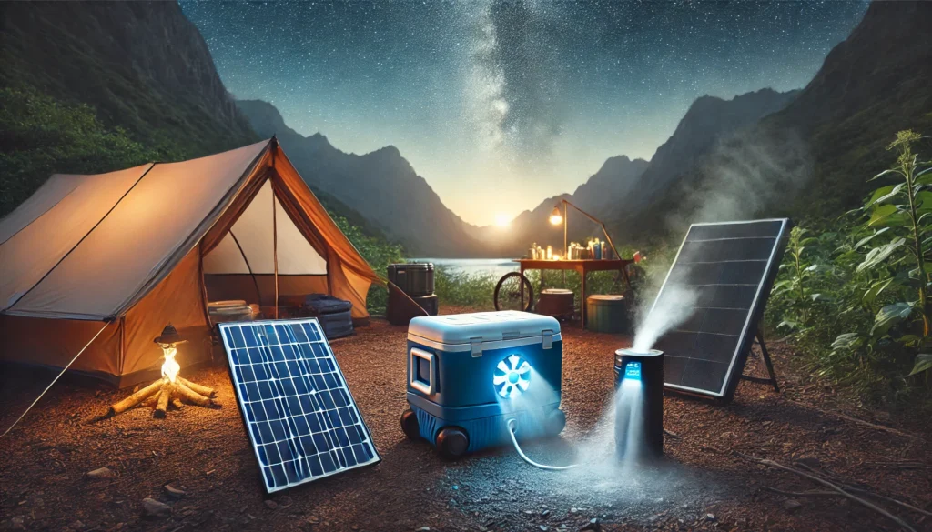 A scenic off-grid campsite at dusk featuring a solar panel charging a device near a cooler emitting frost, with a mountain backdrop and a starry sky.