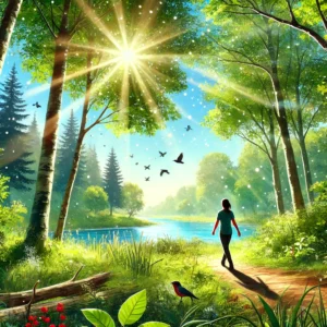 A serene outdoor scene featuring a person walking on a lush forest trail, surrounded by green trees, sunlight filtering through the canopy, and a peaceful lake in the background.