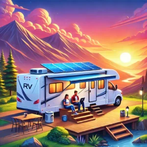 A modern RV with solar panels parked in nature, with a young couple working on laptops outside, embracing remote work and off-grid living.