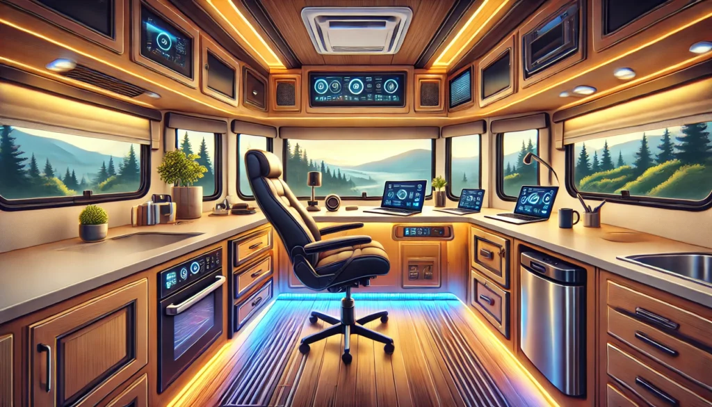 A modern RV interior featuring a digital nomad workspace with a laptop, dual monitors, smart lighting, and a scenic mountain view through large windows.
