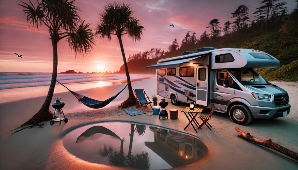 A stunning beachside boondocking spot at sunset with a cozy outdoor setup.