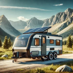 A sleek compact RV trailer with solar panels parked in a scenic outdoor location with mountains and a bright blue sky.