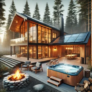 A luxurious off-grid retreat featuring a modern wooden cabin with solar panels, a wood-fired hot tub, and a cozy fire pit in a serene forest setting.