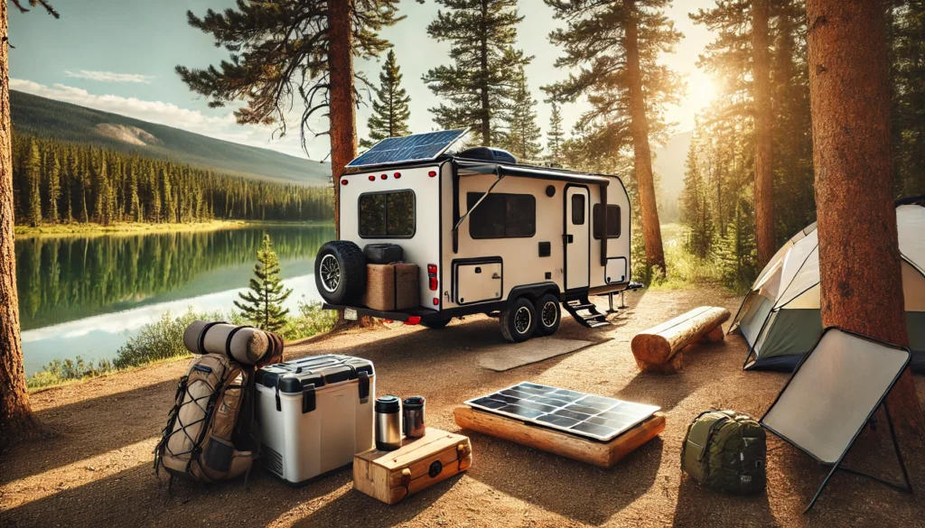 A compact RV trailer at a remote off-grid campsite near a peaceful lake, equipped with solar panels and camping gear.