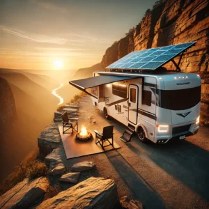 A modern off-grid RV with solar panels, parked in a scenic remote location surrounded by nature.