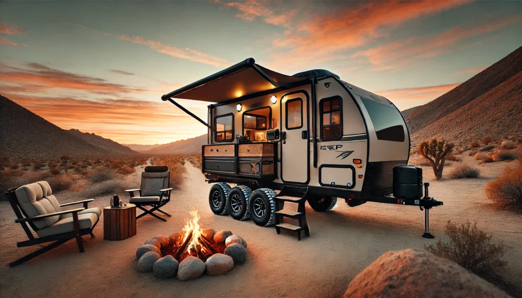 A rugged compact RV trailer with off-road tires parked in a desert landscape at sunset, featuring a campfire and cozy outdoor setup.