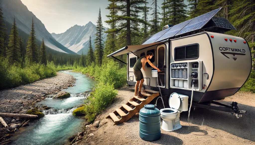 An off-grid RV near a secluded river, featuring a composting toilet, greywater recycling, and a portable water filtration system.