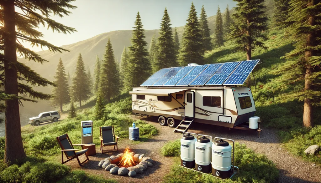 A solar-powered RV in the wilderness with deployed solar panels, a water filtration system, and an eco-friendly camping setup.