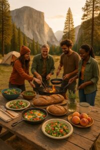 Campers cooking gourmet meals over a fire in a forest clearing with sustainable tools and local ingredients, set against Yosemite mountain scenery.