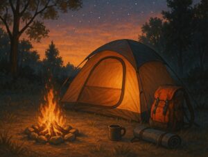 A cozy micro-camping tent under a starry sky at sunset, surrounded by trees and a warm campfire, representing the tranquility of nature.