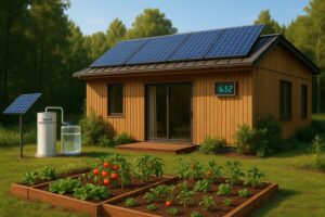 An off-grid living scene set in a lush green forest, featuring a cozy wooden cabin constructed from sustainable materials like reclaimed wood and bamboo. Solar panels are installed on the roof, actively collecting sunlight, and a solar-powered water purification system is positioned nearby, along with a clear water storage tank. An organic vegetable garden thrives in front of the cabin, showcasing self-sufficiency and sustainable living practices in a serene natural environment.