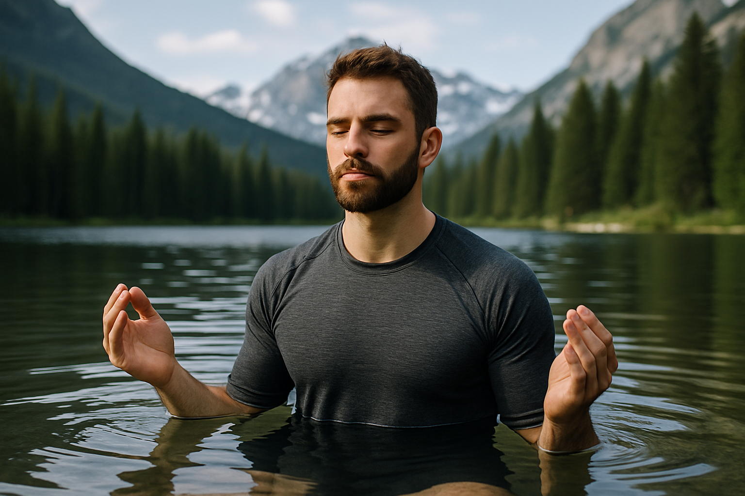 Outdoor adventurer practicing biohacking techniques like cold exposure and meditation in a natural wilderness setting, clean and professional look.