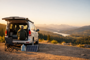 Compact camper van parked at a scenic overlook at golden hour with a simple camp setup and a person sitting on the tailgate.