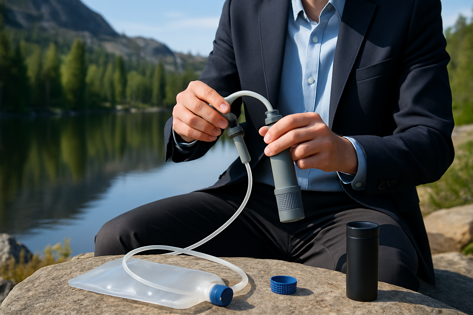 Person assembling a DIY portable water filter in a natural outdoor setting