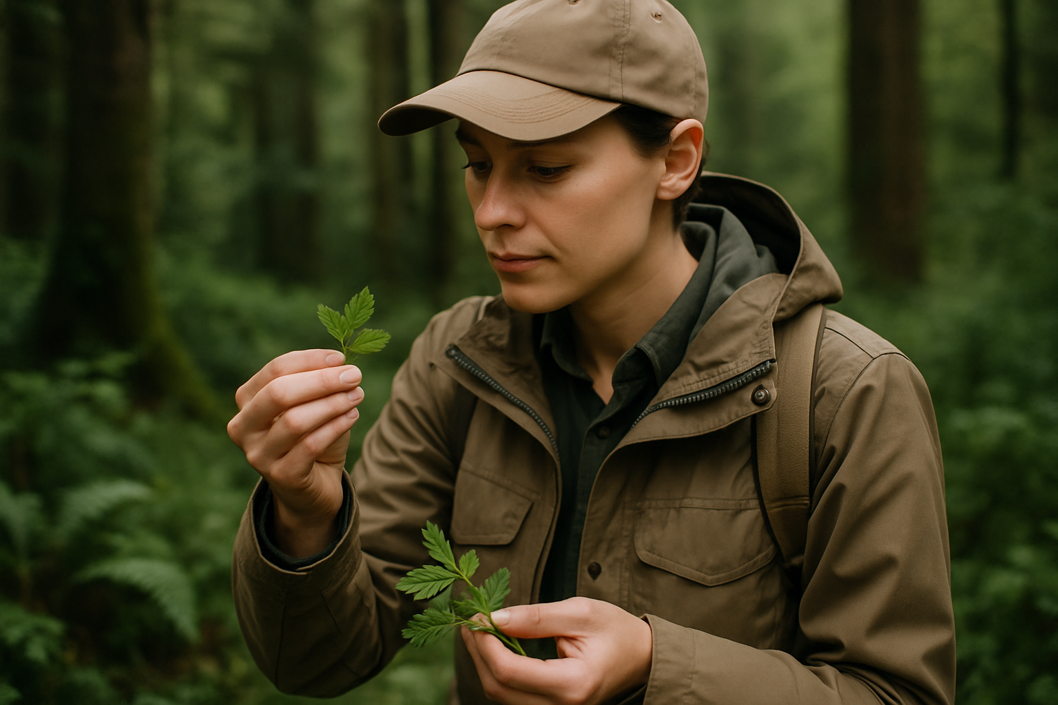 Person in outdoor gear identifying edible plants in a forest environment for foraging