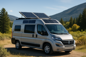 Modern camper van with solar panels on the roof in a scenic outdoor setting under bright sunlight.