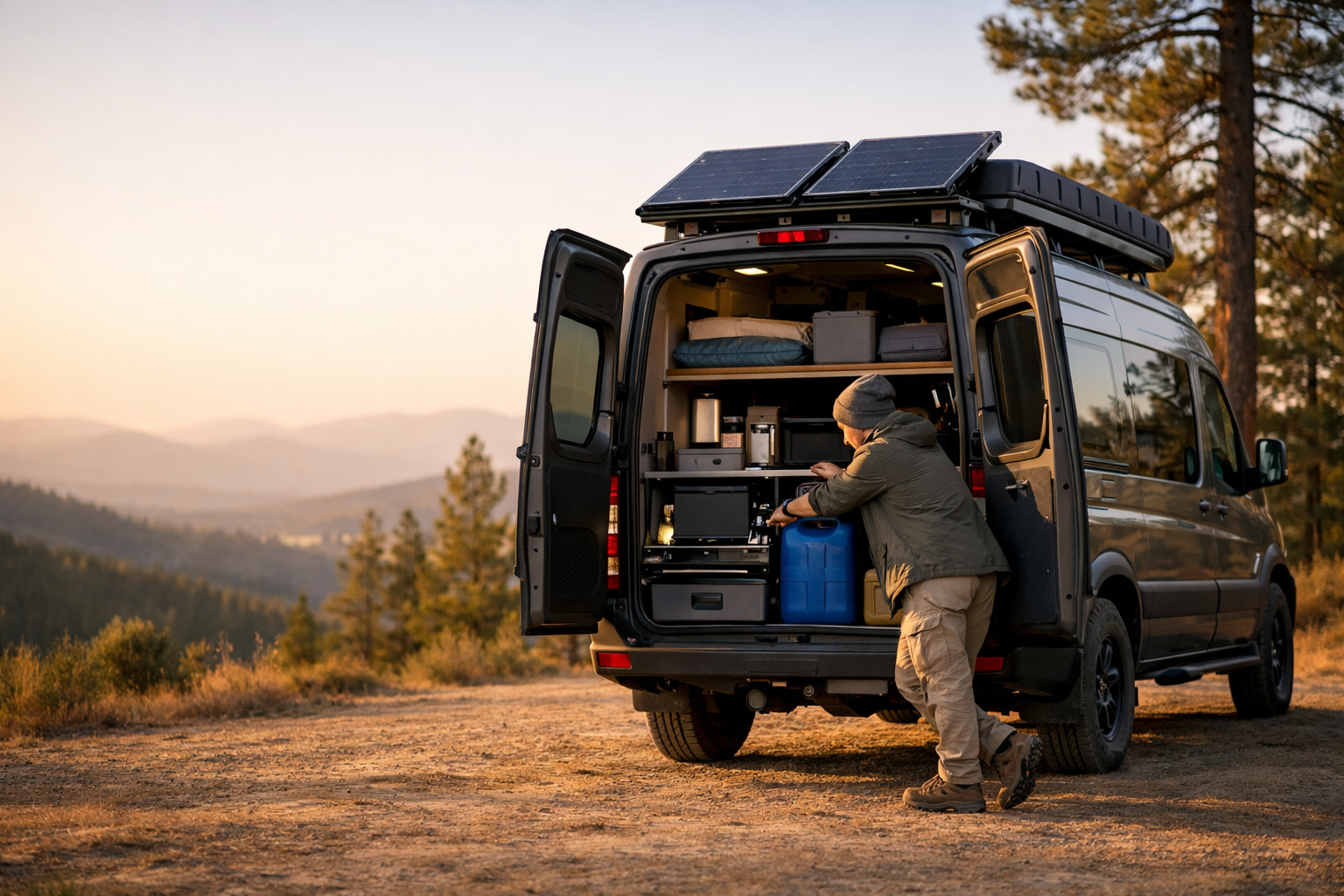 Well-equipped camper van parked at golden hour on a scenic ridge with a person arranging gear at the open rear door.