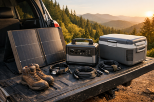 Portable micro solar kit on a car tailgate with a folding panel, compact battery, cables, and mini-fridge in an outdoor setting at golden hour