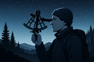 Outdoor enthusiast using a sextant under a clear starry night sky in the wilderness