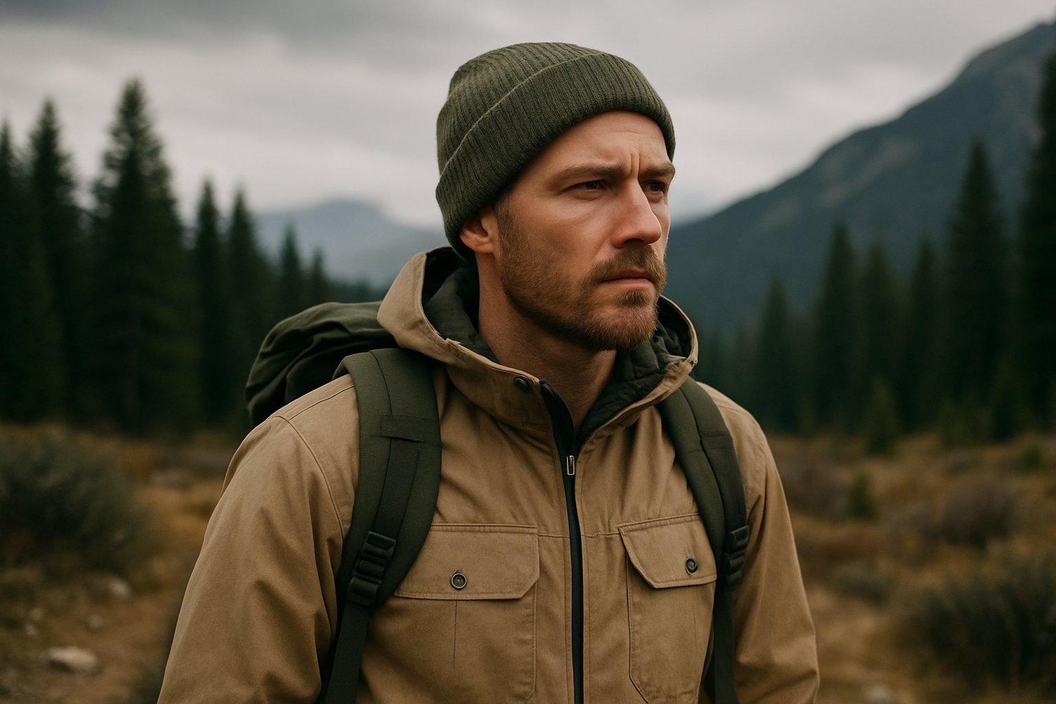 Focused person in wilderness attire standing confidently in a forested mountain setting, symbolizing mental resilience in survival.