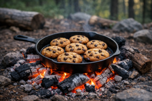 Cast iron skillet with freshly baked cookies over campfire coals in an outdoor setting