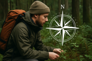 Outdoor explorer studying plants and animals in a forest to navigate naturally, with a compass motif.