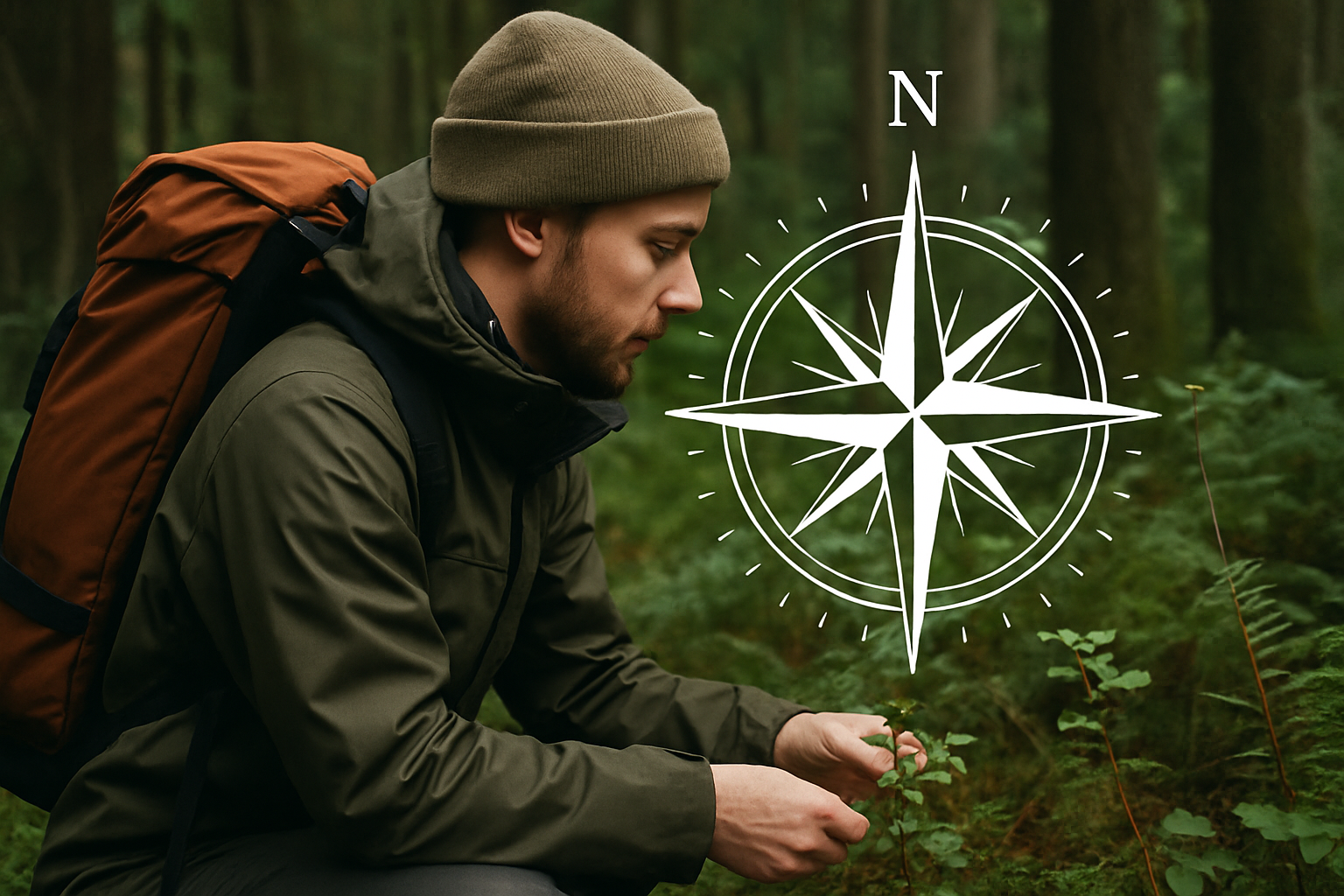 Outdoor explorer studying plants and animals in a forest to navigate naturally, with a compass motif.