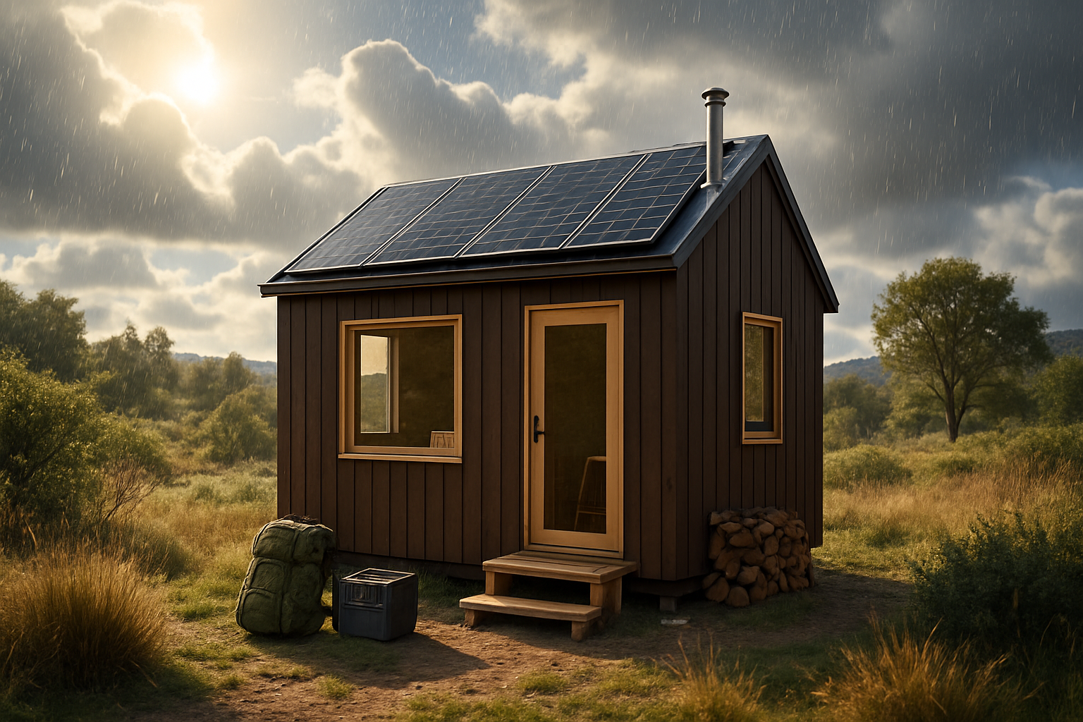 Modern off-grid cabin surrounded by nature under changing weather conditions, illustrating preparation and adaptation.