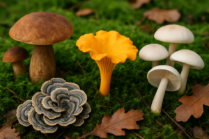 Close-up of diverse fungi growing on forest floor with moss and leaves, illustrating fungi's role in the ecosystem.