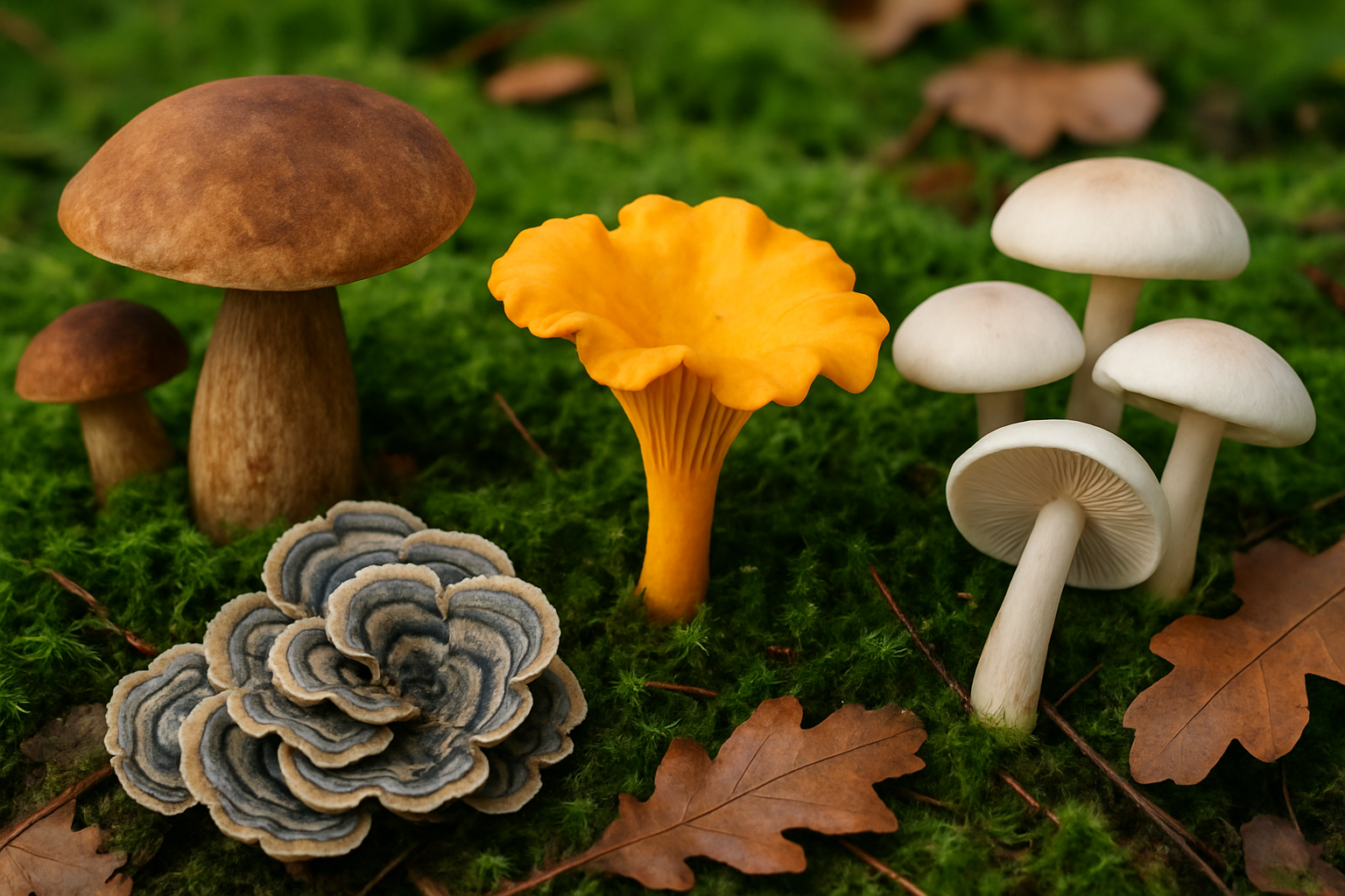 Close-up of diverse fungi growing on forest floor with moss and leaves, illustrating fungi's role in the ecosystem.
