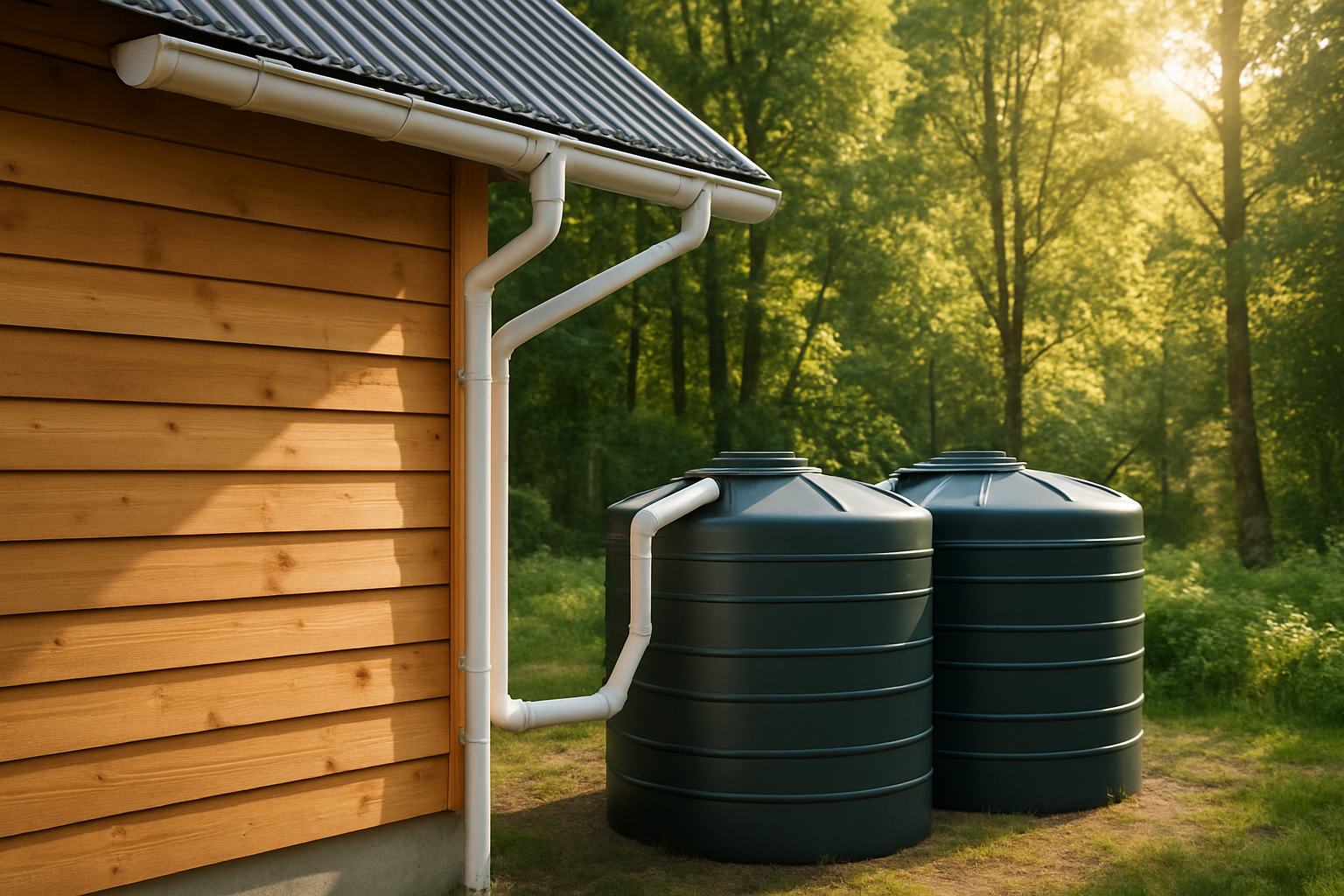 Modern rainwater harvesting system installed on an off-grid home with storage tanks and natural surroundings.