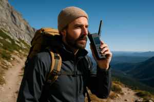 Remote explorer using a satellite phone on a mountain trail with wilderness background