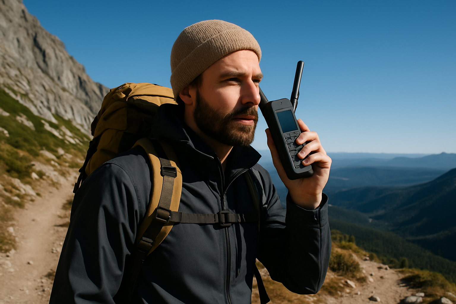 Remote explorer using a satellite phone on a mountain trail with wilderness background