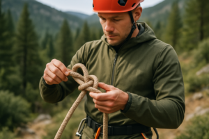 Outdoor adventurer tying a knot on a rope with a forest background