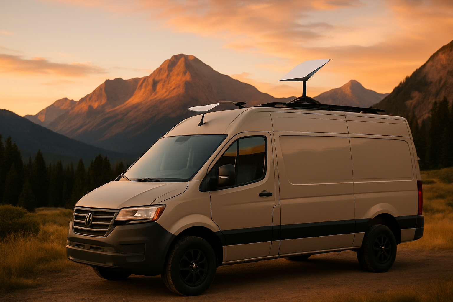 Vanlife camper in mountainous outdoors with Starlink satellite dish mounted on the roof at sunset, representing reliable internet connectivity for outdoor adventurers.