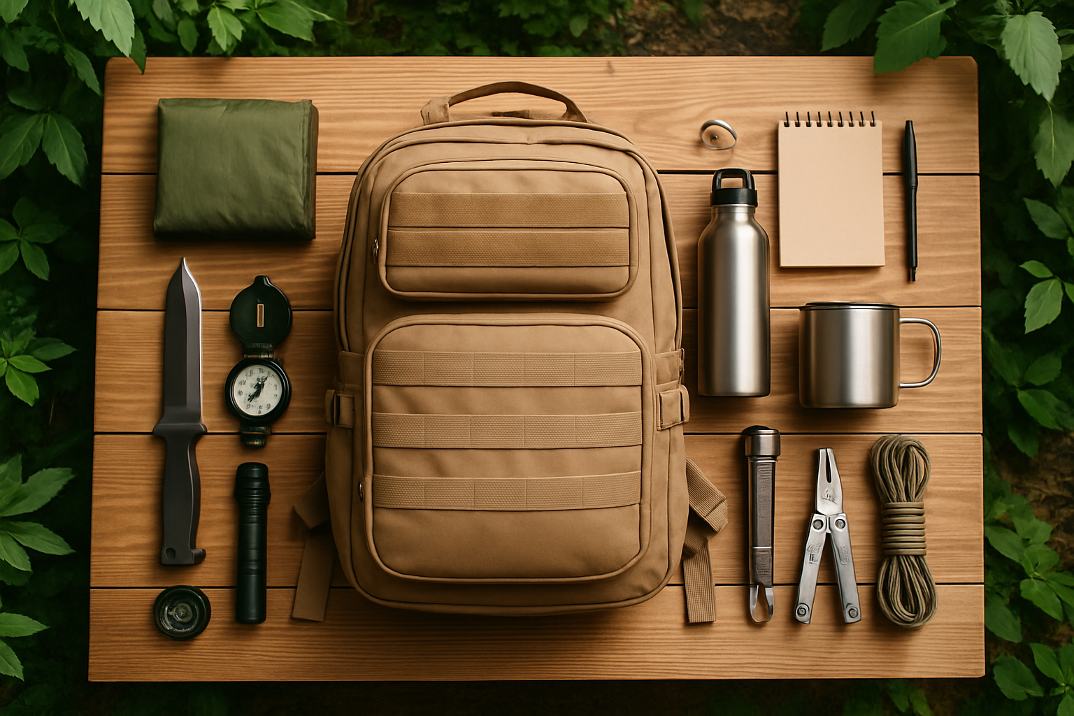 Neatly packed bug-out bag with essential outdoor survival gear laid out on wooden surface in natural outdoor setting