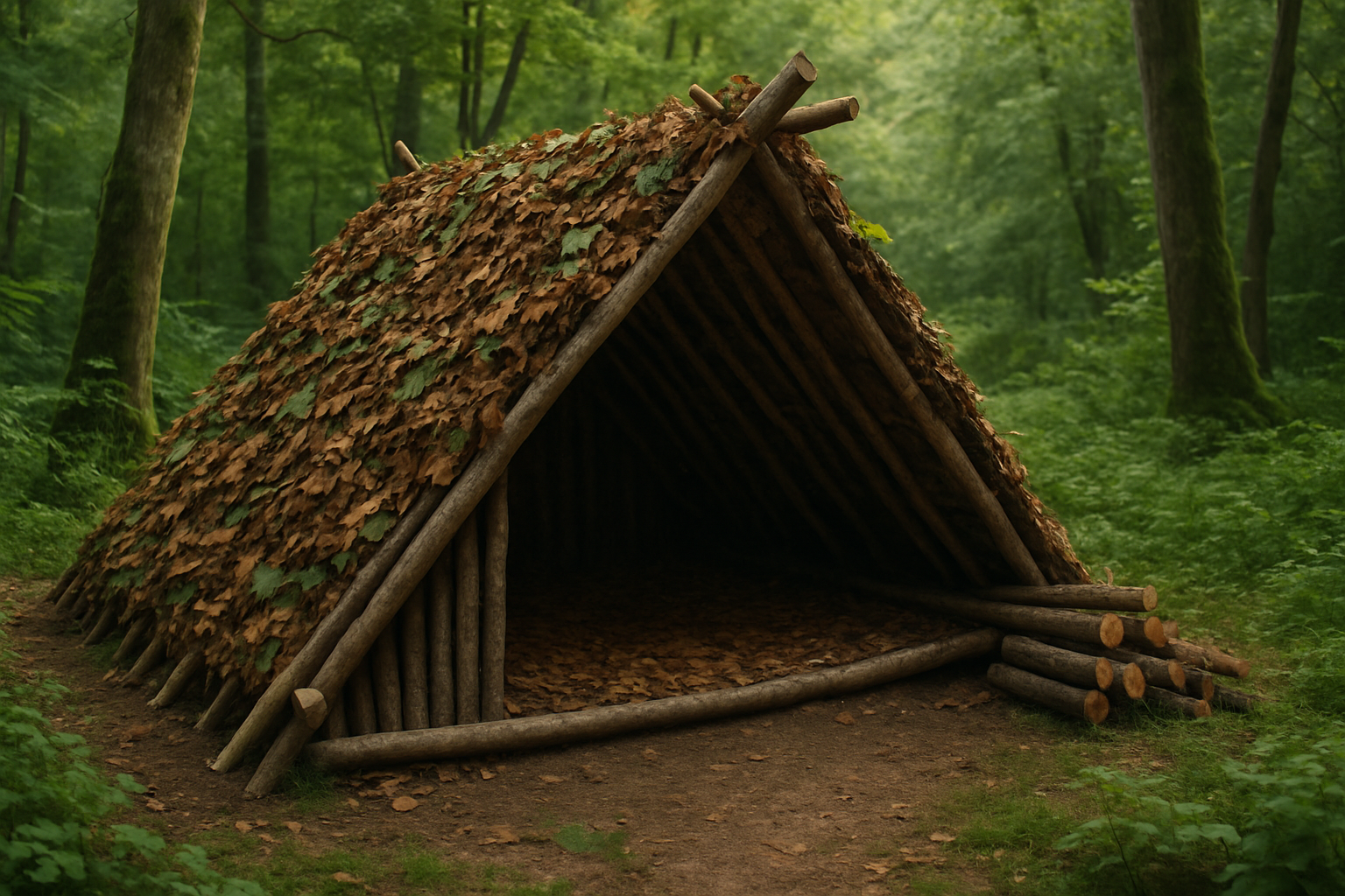 Durable natural material shelter built in a forest setting showcasing innovative outdoor survival techniques.