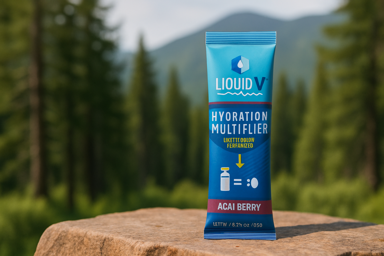 Liquid I.V.® Hydration Multiplier Acai Berry electrolyte powder pack outdoors with natural background